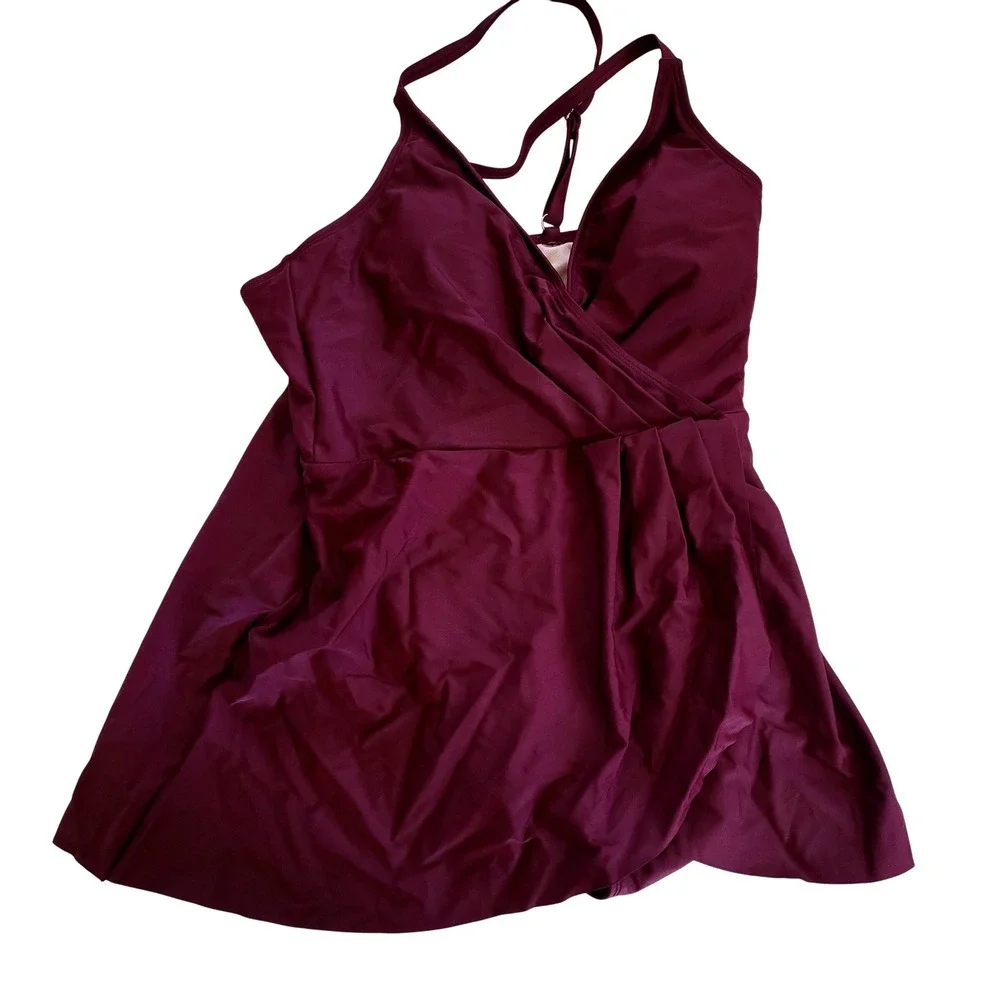 Cupshe Size L Burgundy Surplice V-Neck Swim‎ Dress One Piece Swimsuit Burgundy